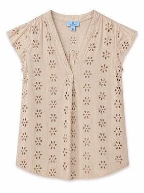 CeCe Tan Eyelet V-Neck Flutter Sleeve Blouse (214)